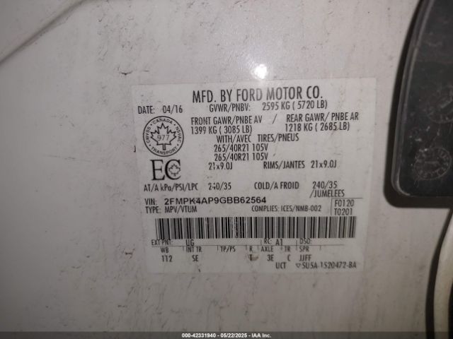 2FMPK4AP9GBB62564 Ford EDGE SPORT