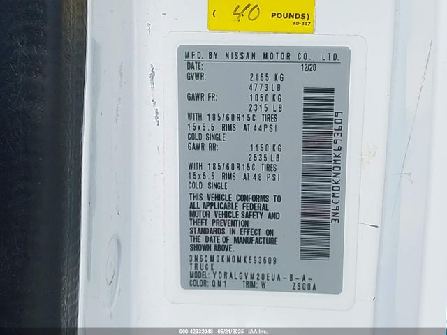 3N6CM0KN0MK693609 Nissan Nv200  Cargo Sv Xtronic Cvt