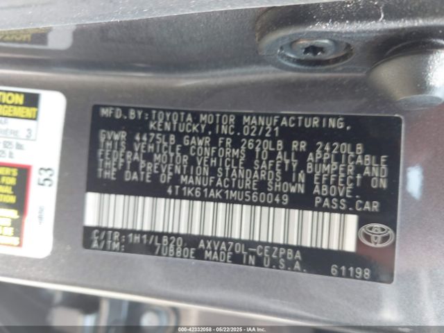 2021 TOYOTA CAMRY 4T1K61AK1MU560049 Photo 8