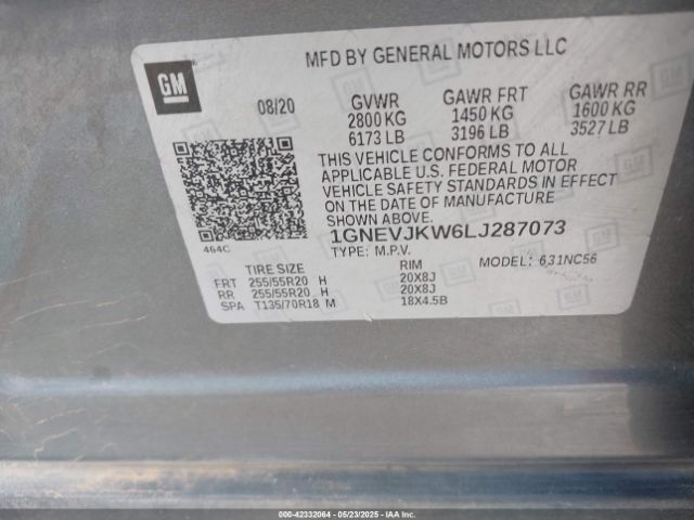 1GNEVJKW6LJ287073 Chevrolet Traverse Awd Rs