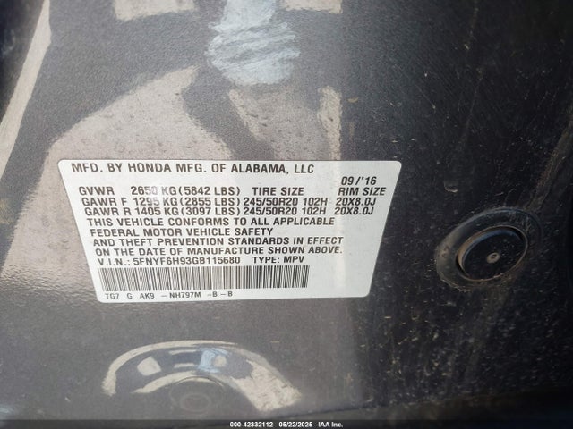 5FNYF6H93GB115680 Honda j35y6