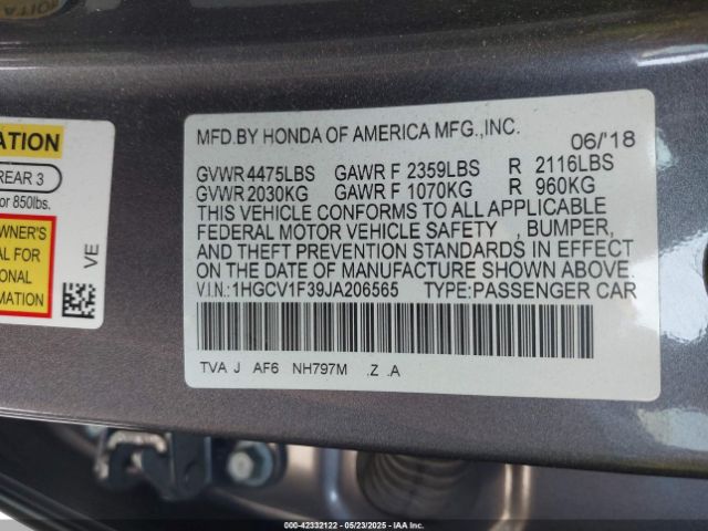 2018 HONDA ACCORD 1HGCV1F39JA206565 Photo 8