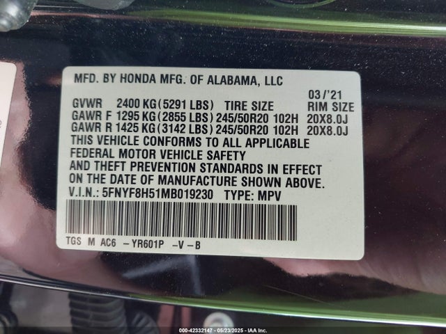 5FNYF8H51MB019230 Honda j35y6