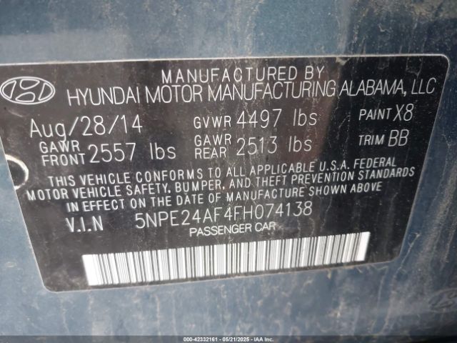 5NPE24AF4FH074138 Hyundai SONATA SE