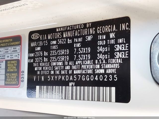 5XYPKDA57GG040235 KIA Sorento 3.3l Sx