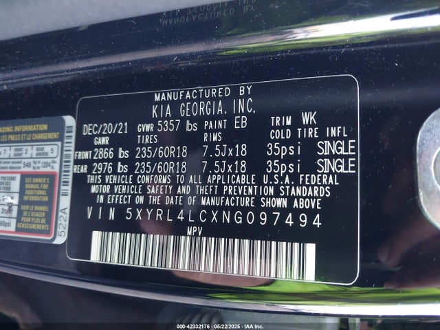 5XYRL4LCXNG097494 KIA gdi theta-iii