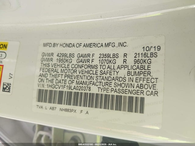 1HGCV1F19LA020378 Honda l15be