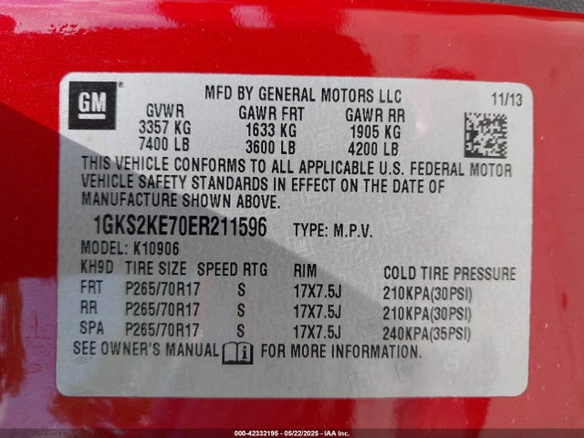 1GKS2KE70ER211596 GMC Yukon Xl 1500 Slt
