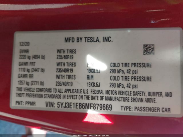 5YJ3E1EB6MF879669 Tesla Model 3 Long Range Dual Motor All-wheel Drive