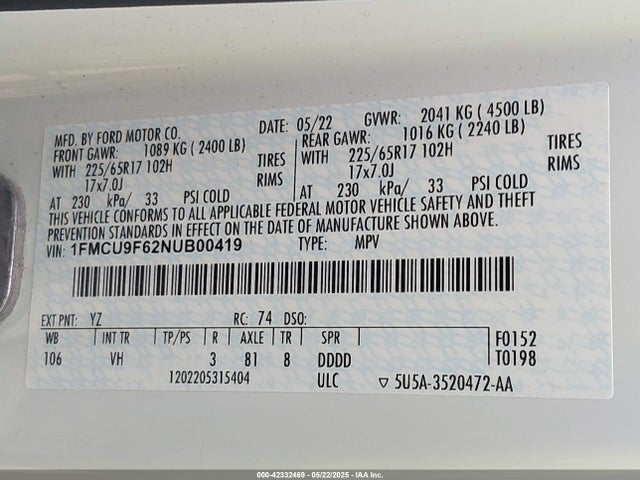 1FMCU9F62NUB00419 Ford ESCAPE S