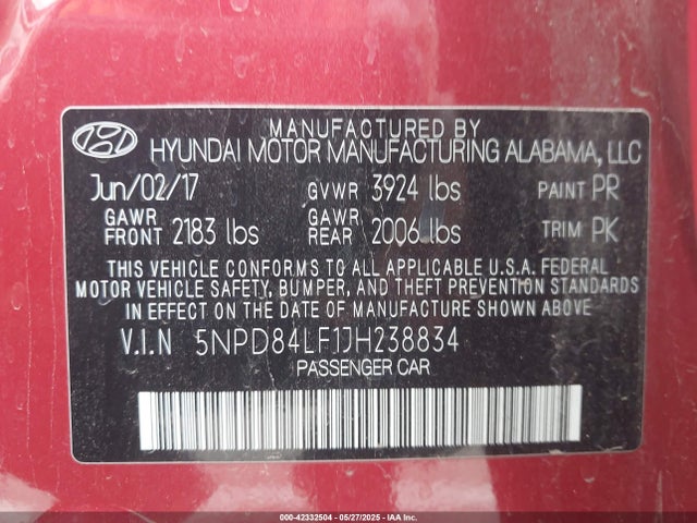 5NPD84LF1JH238834 Hyundai mpi nu