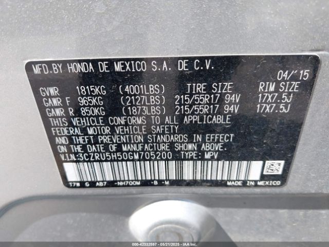 3CZRU5H50GM705200 Honda HR-V EX