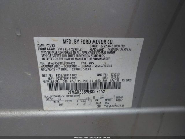 2FMGK5B89EBD07452 Ford FLEX SE