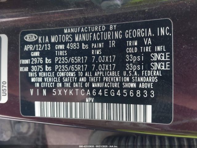 5XYKTCA64EG456833 KIA SORENTO LX