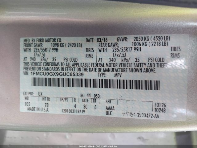 1FMCU0GX9GUC65339 Ford ESCAPE SE