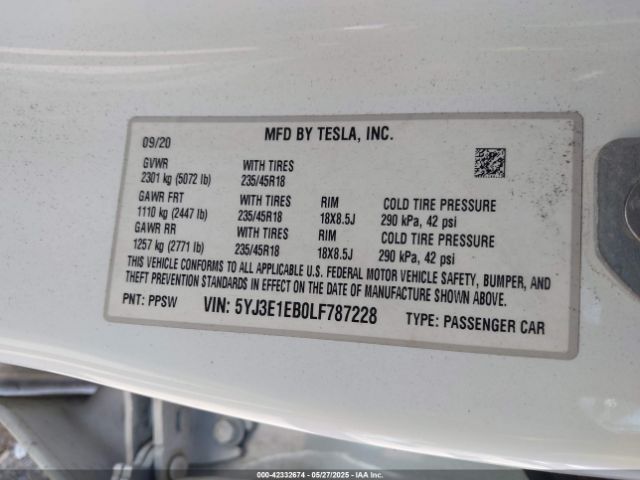 5YJ3E1EB0LF787228 Tesla Model 3 Long Range Dual Motor All-wheel Drive