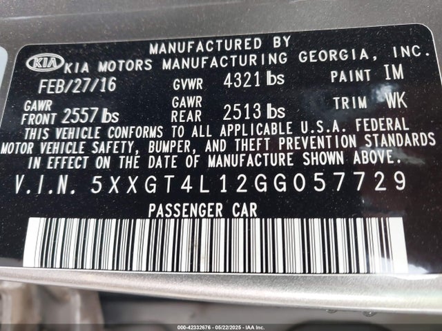 5XXGT4L12GG057729 KIA t-gdi gamma