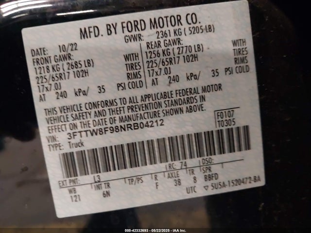 Ford ecoboost 2022 3FTTW8F98NRB04212 Image 9