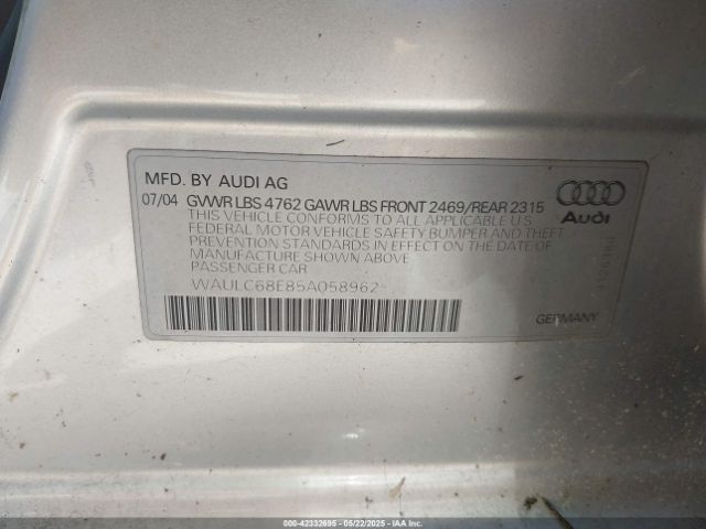 2005 AUDI A4 WAULC68E85A058962 Photo 8