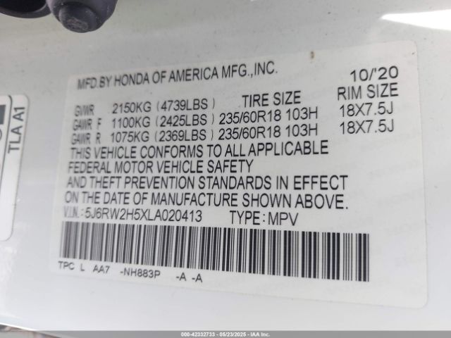 5J6RW2H5XLA020413 Honda Cr-v Awd Ex