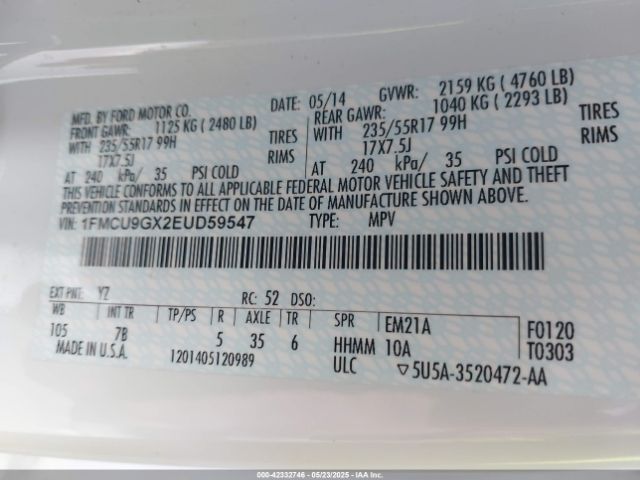 1FMCU9GX2EUD59547 Ford ESCAPE SE