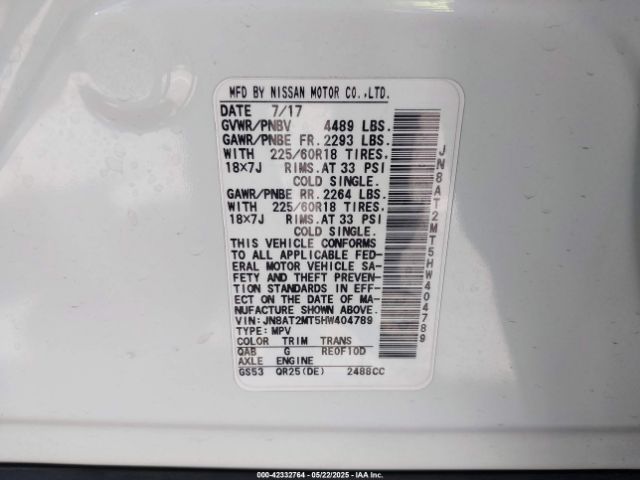 JN8AT2MT5HW404789 Nissan Rogue Sl