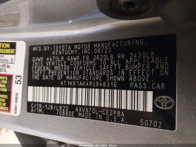 4T1K61AK4RU848316 Toyota CAMRY XSE