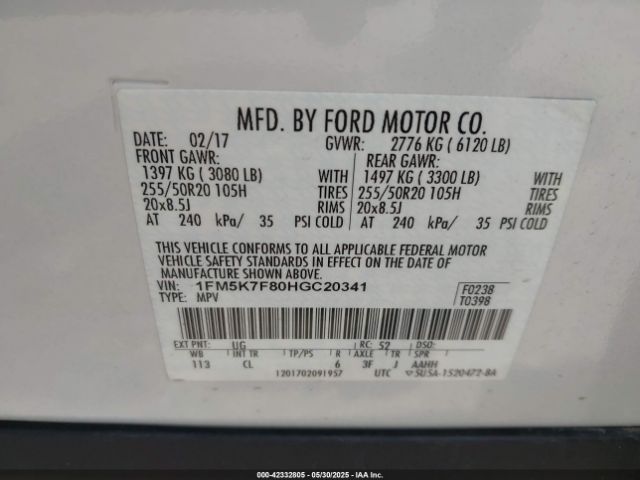 2017 FORD EXPLORER 1FM5K7F80HGC20341 Photo 8
