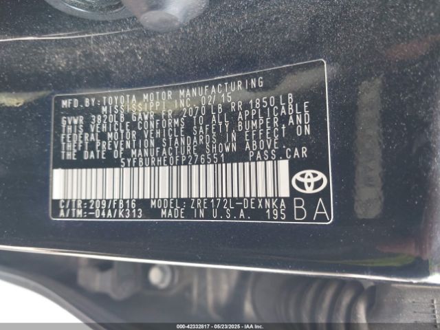 5YFBURHE0FP276551 Toyota Corolla L/le/le Plus/le Premium/s/s Plus/s Premium