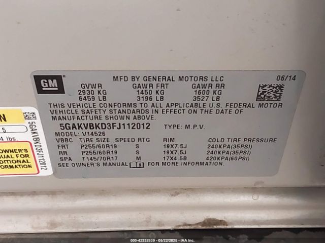 5GAKVBKD3FJ112012 Buick Enclave Leather