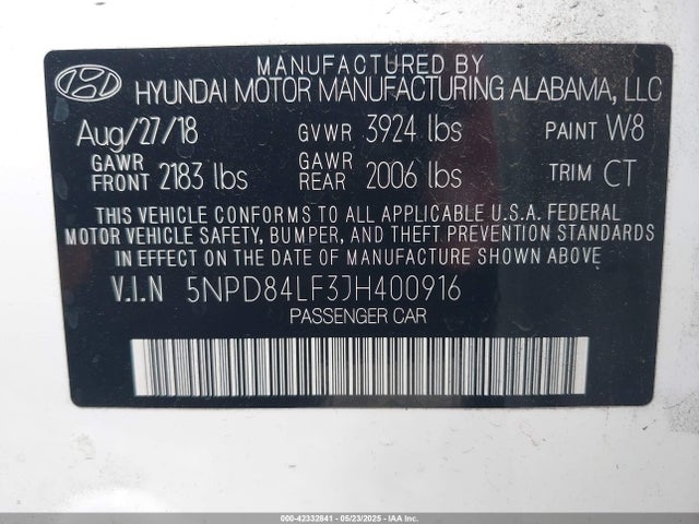 5NPD84LF3JH400916 Hyundai mpi nu