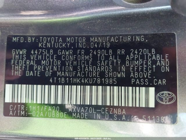 4T1B11HK4KU781985 Toyota a25a-fks