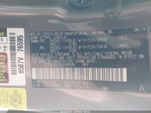5TDDK3DC9ES088584 Toyota Sienna Limited 7 Passenger/xle 7 Passenger