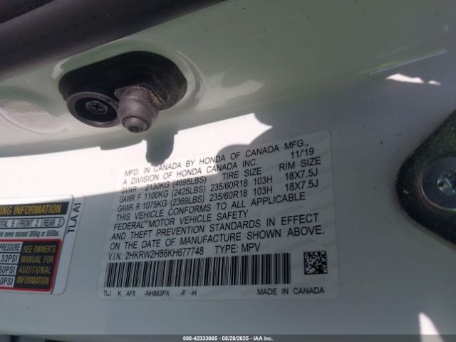 2HKRW2H86KH677748 Honda Cr-v Ex-l