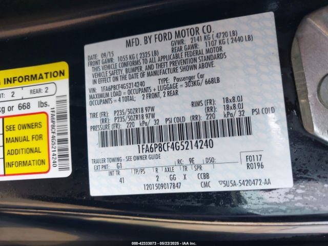 2016 FORD MUSTANG 1FA6P8CF4G5214240 Photo 8