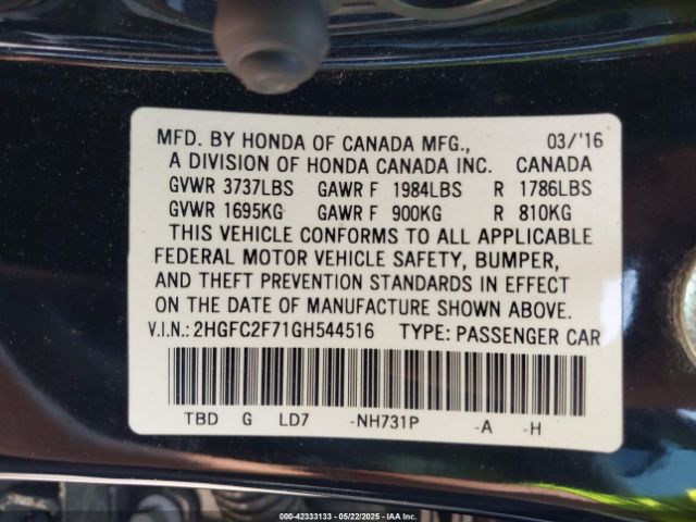 2HGFC2F71GH544516 Honda k20c2