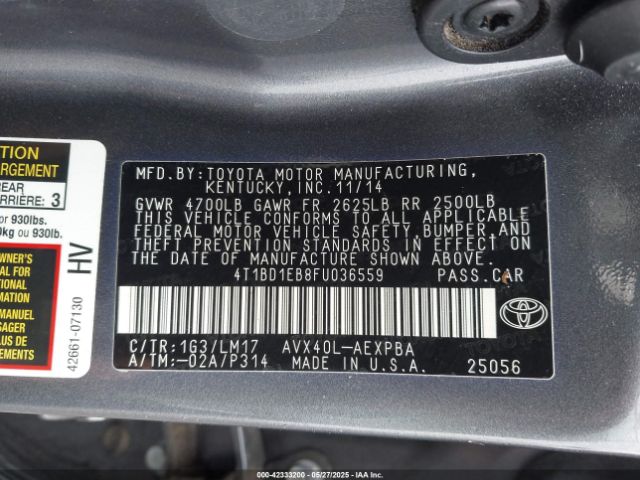 4T1BD1EB8FU036559 Toyota Avalon Hybrid Limited/xle Premium/xle Touring