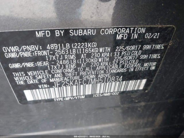 Subaru na u5 2021 JF2SKAFC7MH510834 Image 9