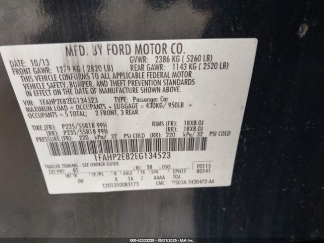 1FAHP2E82EG134523 Ford TAURUS SEL