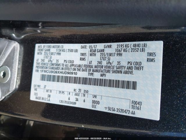 1FMCU9G9XHUD90910 Ford ESCAPE SE