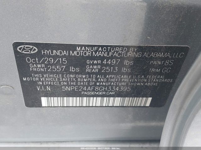 5NPE24AF8GH334395 Hyundai SONATA SE