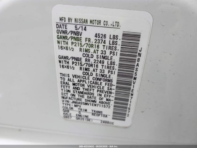 JN8AS5MV1EW711572 Nissan Rogue Select S