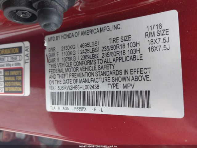 5J6RW2H85HL002438 Honda Cr-v Ex-l/ex-l Navi