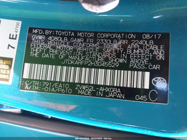 Toyota 2zr-fxe+1nm 2017 JTDKARFP2H3045529 Image 9