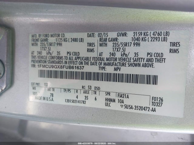 1FMCU9GX8FUB61637 Ford ESCAPE SE