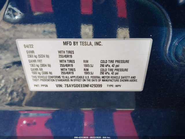 2022 TESLA MODEL Y 7SAYGDEE0NF429399 Photo 8