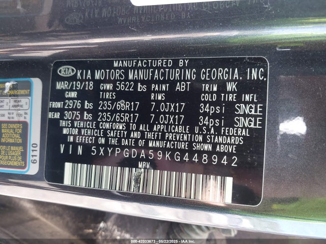 5XYPGDA59KG448942 KIA Sorento 3.3l Lx