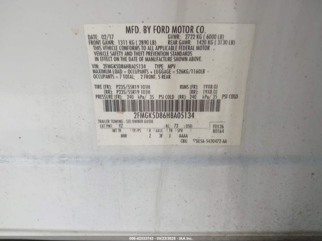 2FMGK5D86HBA05134 Ford Flex Limited