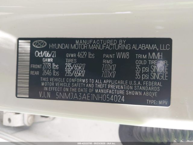 5NMJA3AE1NH054024 Hyundai gdi theta iii