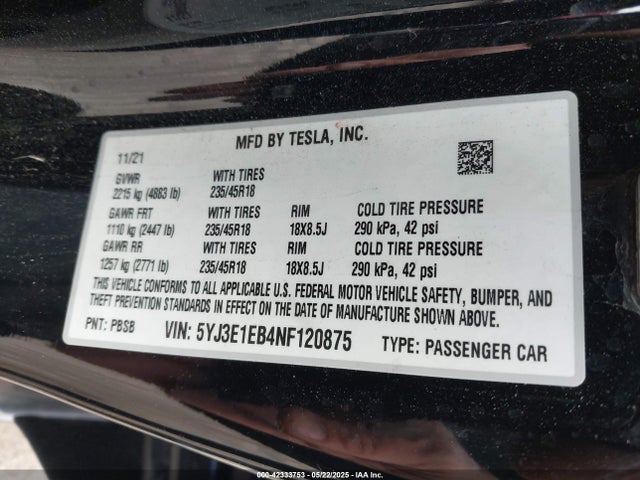 Tesla 2022 2022 5YJ3E1EB4NF120875 Image 9
